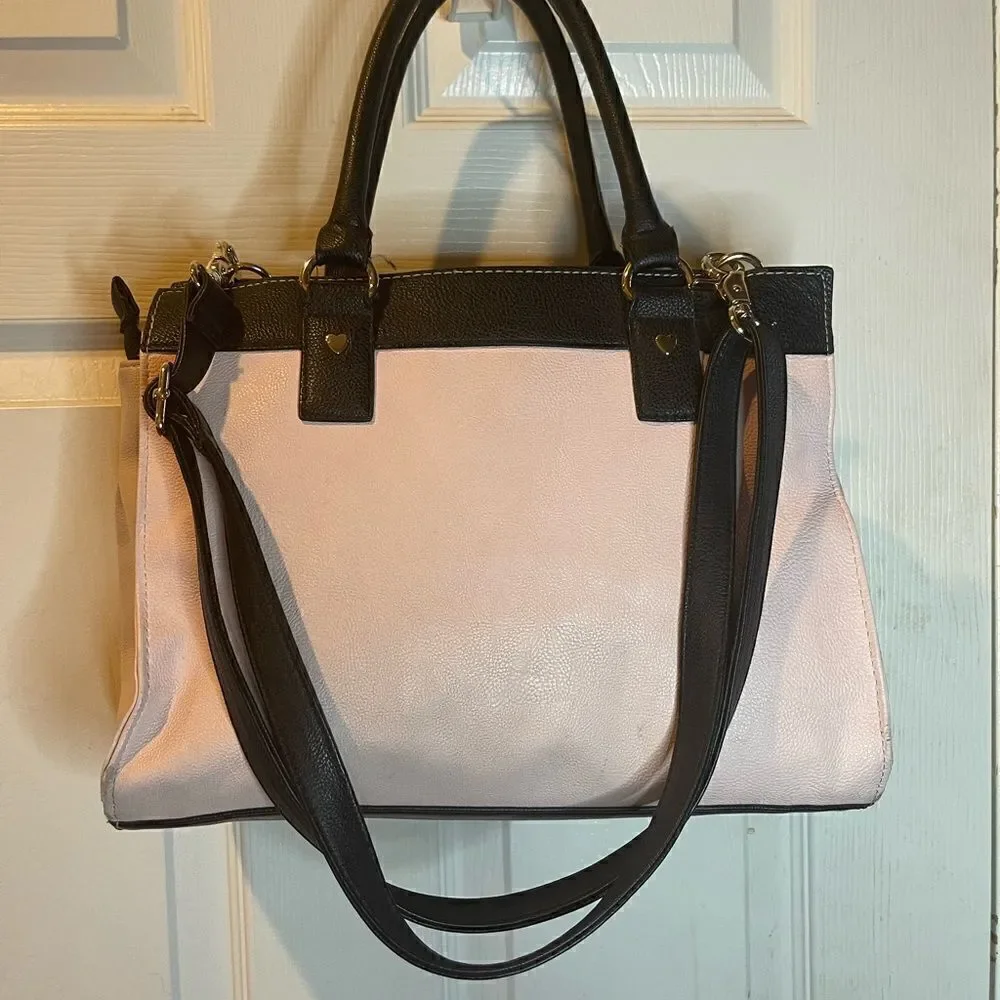 Betsey Johnson vegan leather pink & beige with black & white pocket,black straps
